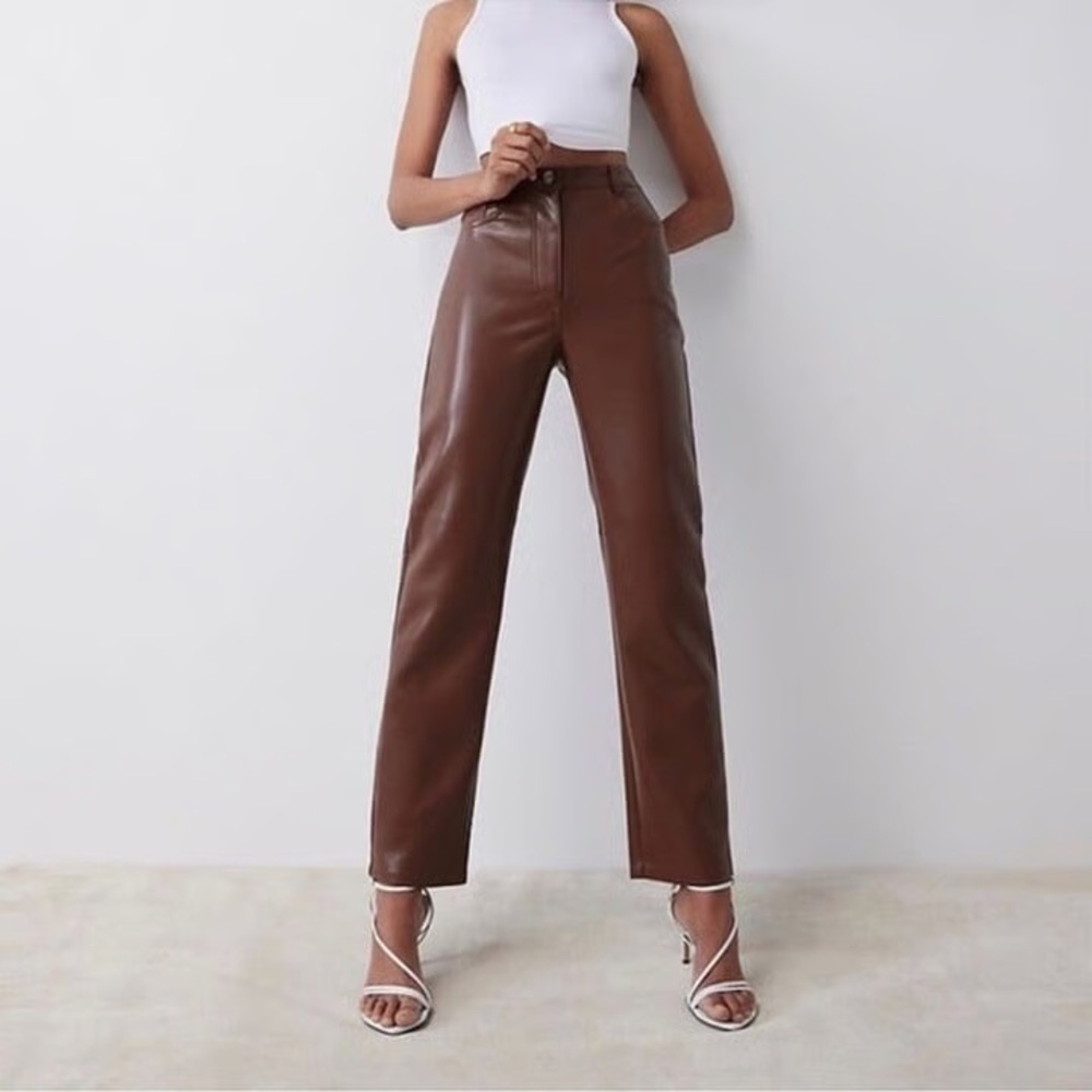 Aritzia Wilfred Melina Pant High Waisted Vegan Leather Cognac Brown Trousers